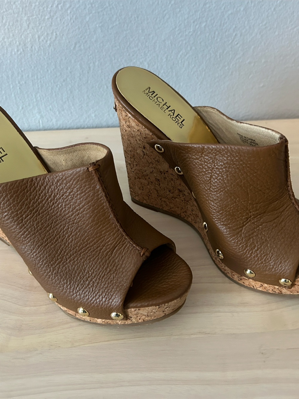 MICHAEL Michael Kors Brown Leather Cork Wedge Mules